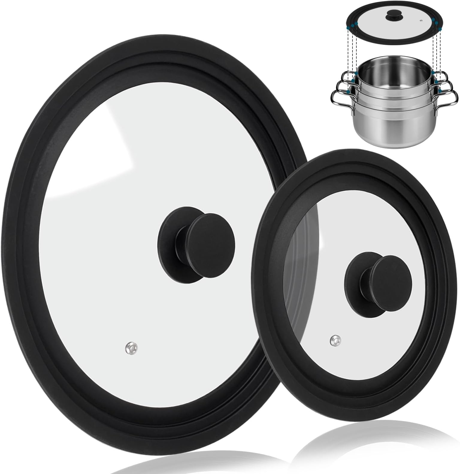 Universal Lid for Pots Pans and Skillets, 2 Pack Pan Cover fit 7", 8" 9" & 10", 11", 12" Diameter Cookware, Silicone Replacement Pan Lid Pot Lids for Frying Pans, Cast Iron,Tempered Glass Lid