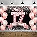 Happy 17th Birthday Rose Gold Banner Backdrop Cheers to 17 Years Old Confetti Balloons Theme Decor Decorations for Girls 17 Years Old Pink Birthday Party Bday Supplies Background Favors Gift Glitter