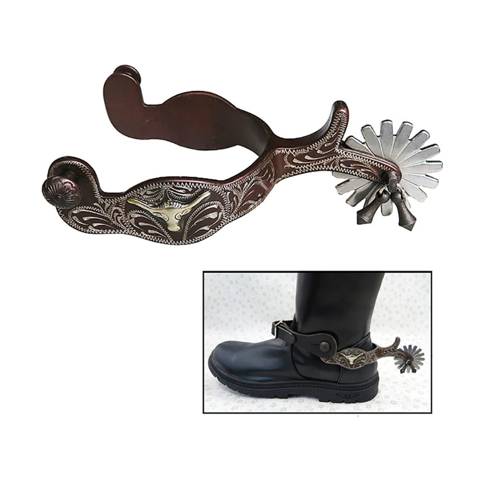Espuelas de montar incrustadas a caballo Espuelas occidentales bronceadas Espuelas de talla manual de acero suave
