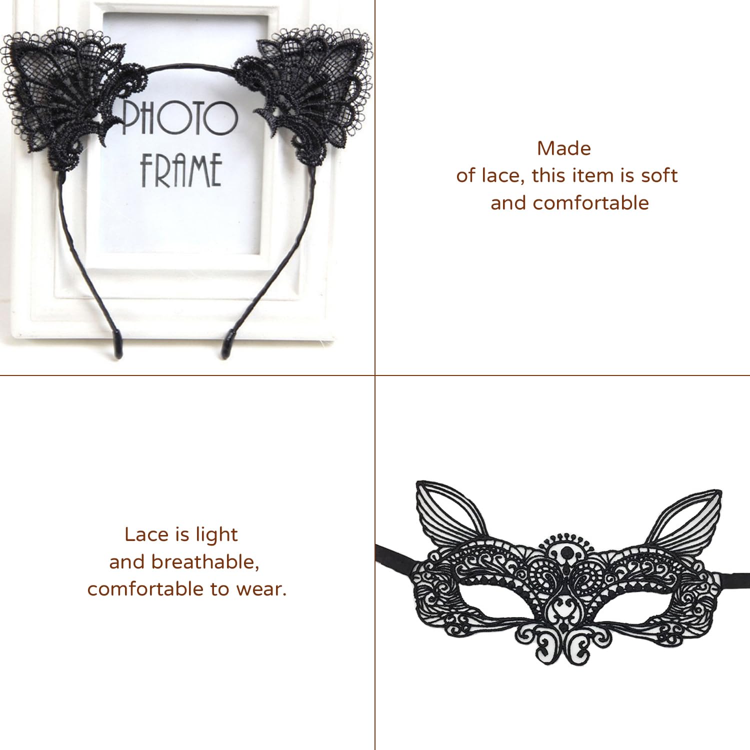 NYGGTYK – 2 Bandeaux Oreilles Chat En Dentelle + 2 Masques – Noir – Accessoires Mascarade, Jeu De Rôle – Simple Et Mignon