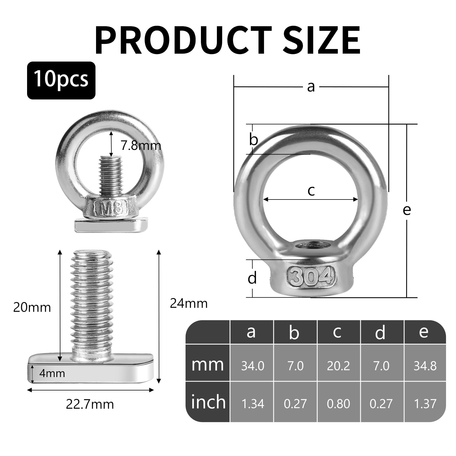 EXLECO Pack of 10 M8 Ring Nuts M8 x 20 mm Hammer Head Screws Stainless Steel Eye Bolts Eye Screw Eyelets Stainless Steel Eye Nut Plant Holder Lashing Eyelets for Trailers Greenhouse Cucumbers Trellis - Image 2