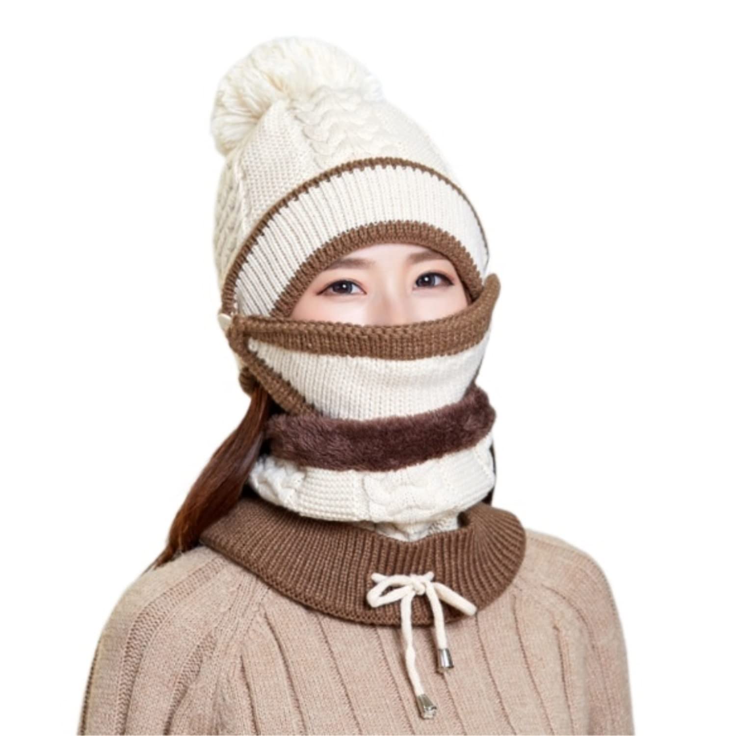 Gorro de Lana de Invierno para Mujer, Conjunto de Bufanda y mascarilla 3 en 1, Tejido de Punto (Beige, Talla única)