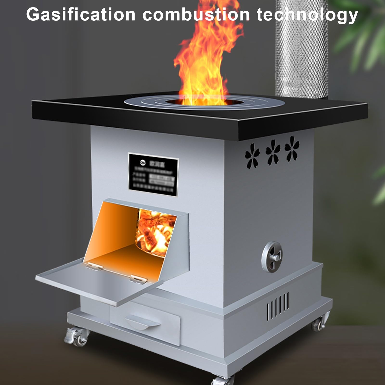 Stufe a Legna da Interno con Ruote Universali Combustione a Gassificazione, Senza Fumo Stufa a Legna Riscaldamento e Cottura Risparmio Energetico e di Carburante