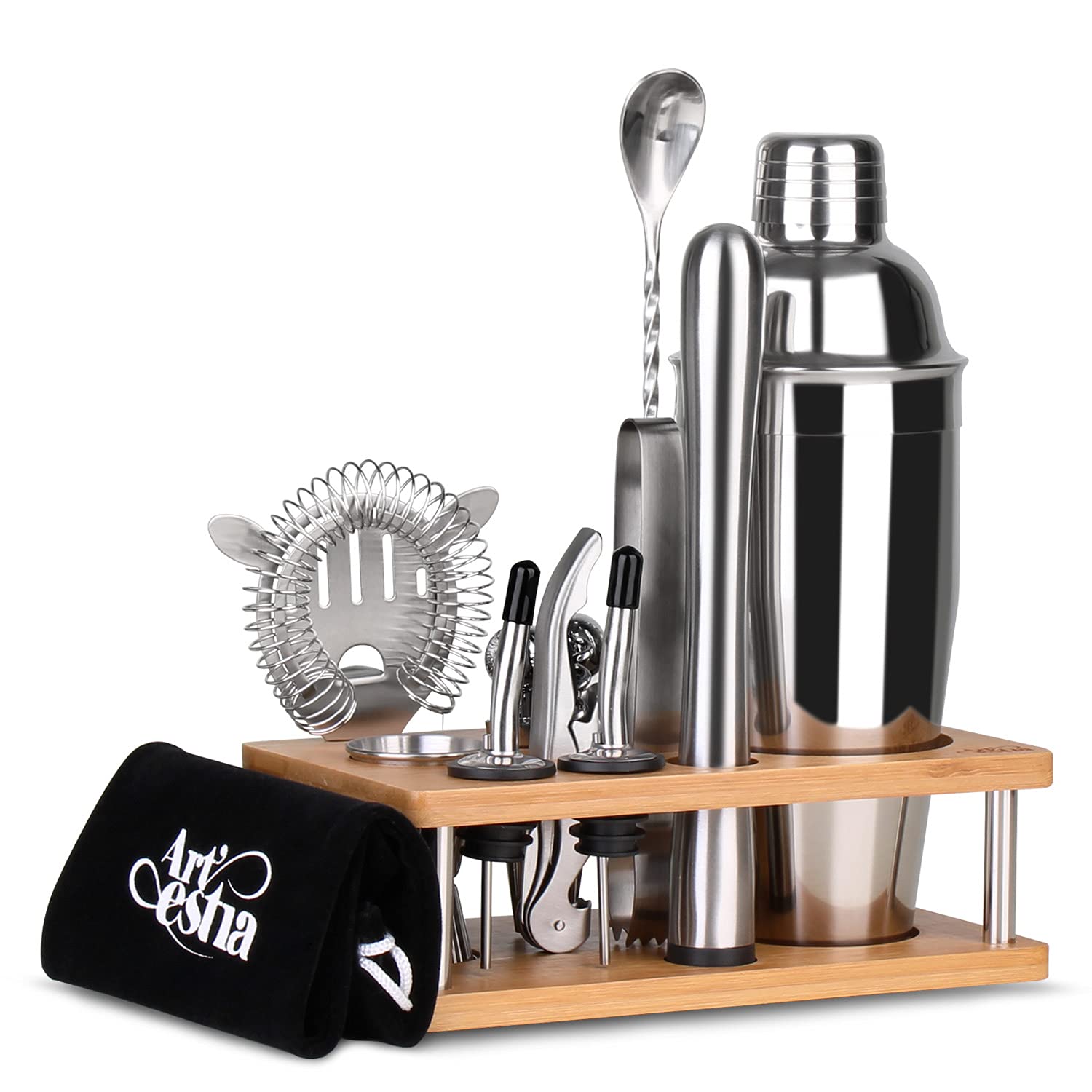 ArtestiaBartender Kit, 13 Piece Cocktail Shaker Stainless Steel Bartender Set with Shaker Tins,Measuring Jigger,Spoon,Pourers, Muddler,Strainer,Tongs,Bottle Stoppers,Opener,Stand,bag(Silver)