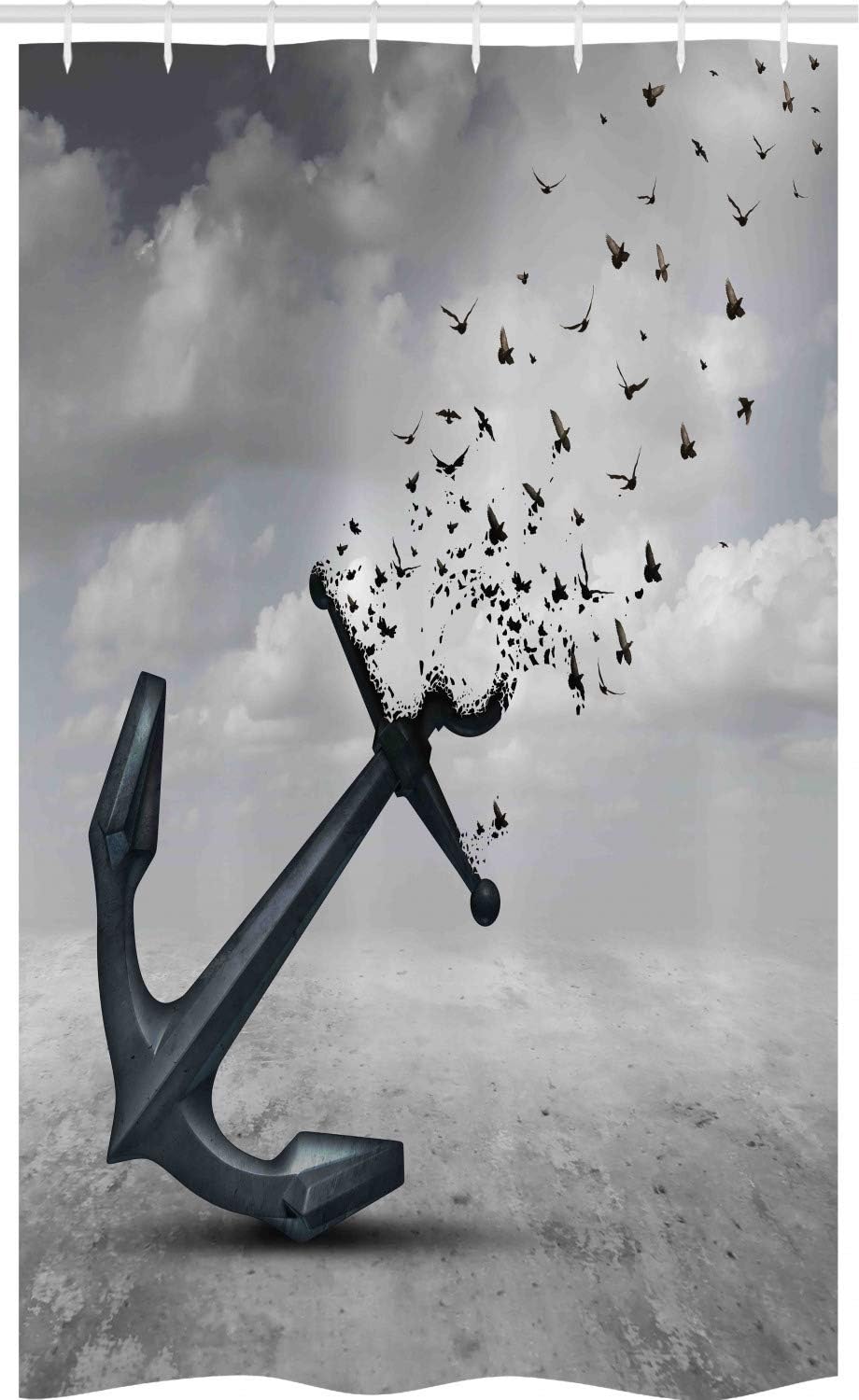 ABAKUHAUS Birds Stall Shower Curtain, Anchor Turns into Group of Flying Birds Seagulls for Liberty and Hope Mood Graphic Art, Fabric Bathroom Decor Set with Hooks, 120 x 180 cm, Dark Grey โ image 1