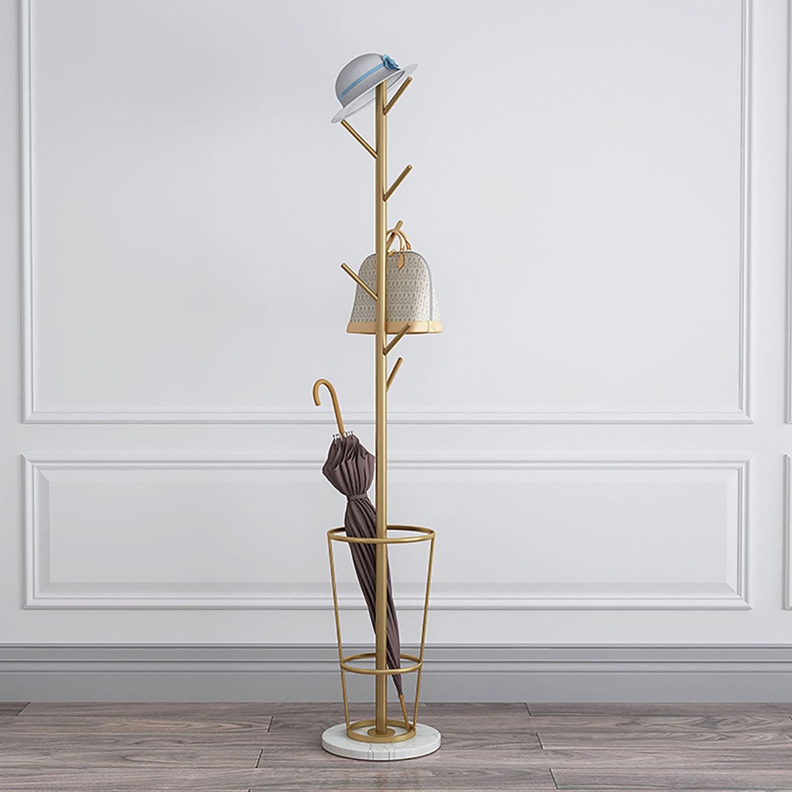 Porte-parapluie avec porte-manteau en métal et marbre pour entrée - Noir/Blanc