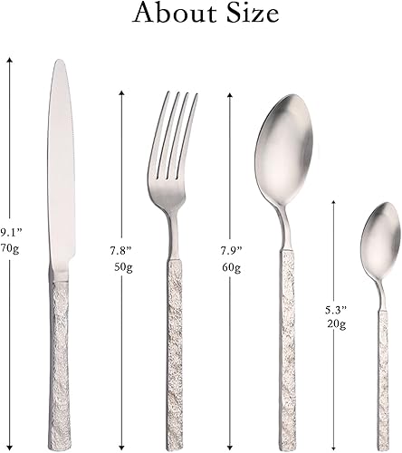 Miniatura 3 de Juego de cubiertos de acero inoxidable 304 de 24 piezas de alta calidad, juego de cubiertos martillados para 6, juego de cubiertos con acabado mate,