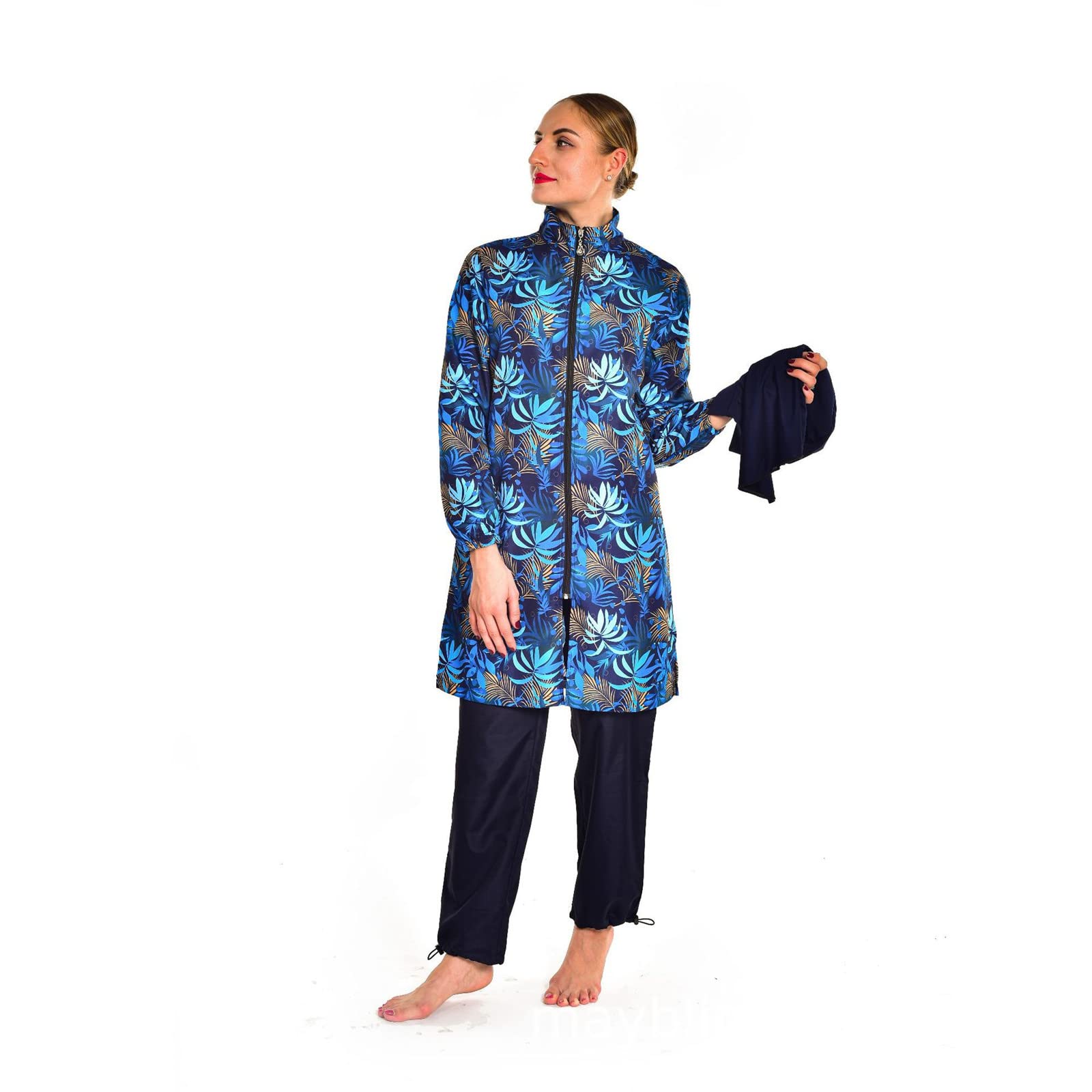 Modest Reißverschluss Badebekleidung für Damen Muslimischer 3-teiliger Surfanzug Langarm Badeanzug Burkini Sonnenschutz Badeanzug