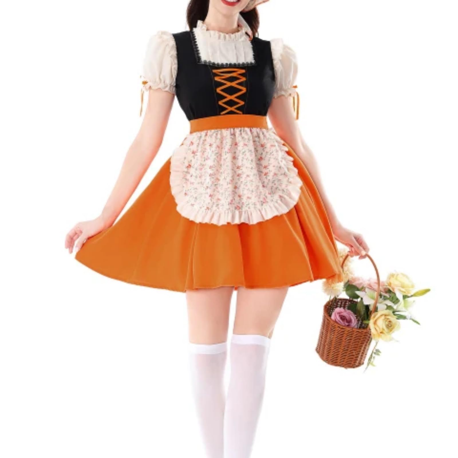 Générique Robe Dirndl Femme Oktoberfest Traditionnelle - Manches Bouffantes, Corset Lacé, Tablier à Volants Fleuri, Costume Bavaroise pour Fête à Thème, Carnaval et Soirée Déguisée