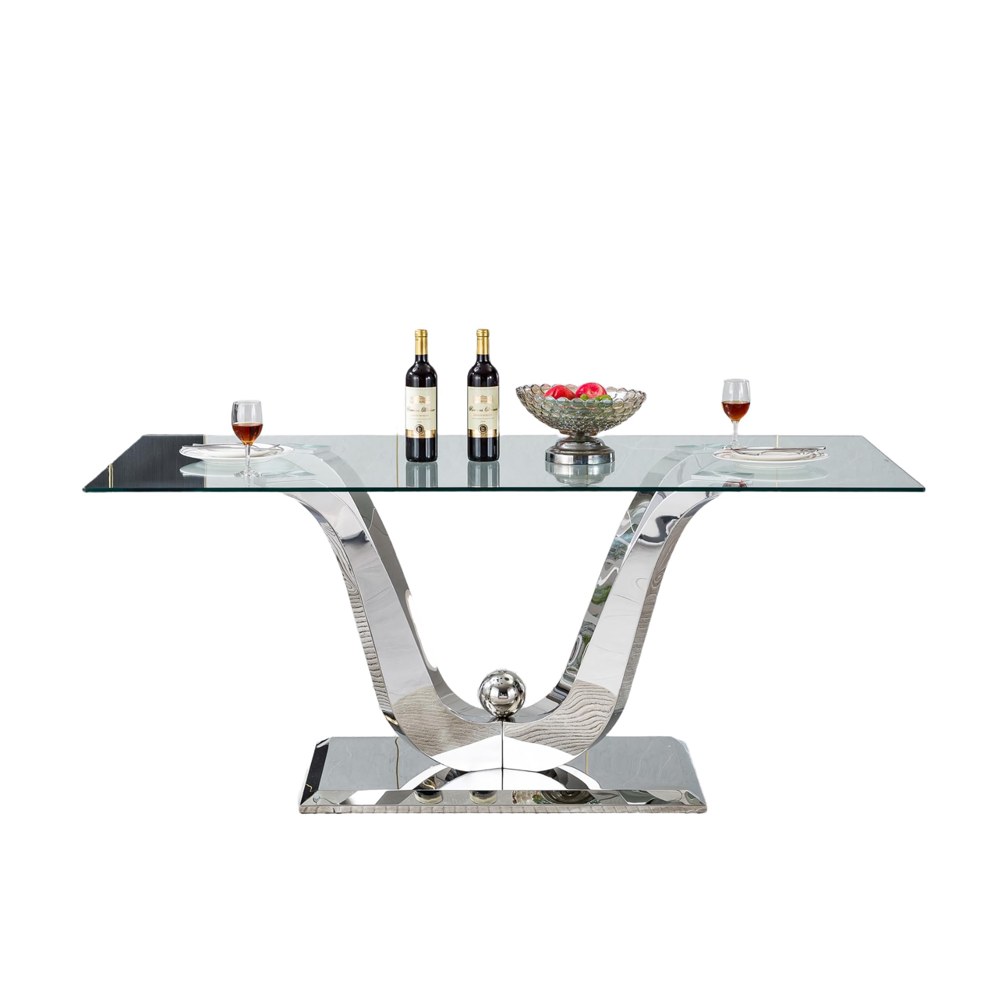 70" Glass Dining Table, Modern Rectangular Glass Kitchen Table for 4-8,0.39" Thick Tempered Glass Top and Stainless Steel Base Dining Room Table for