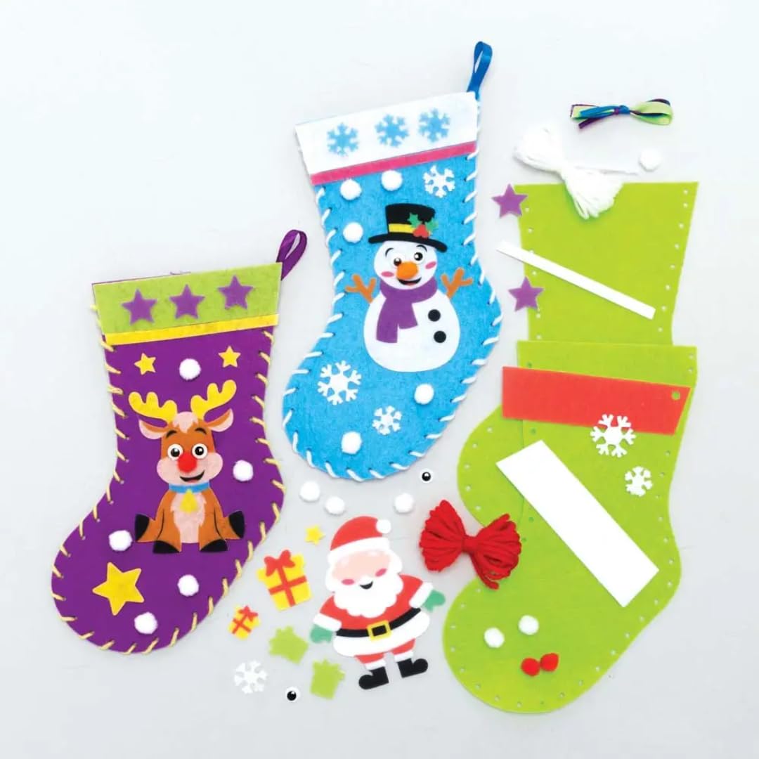 Baker Ross FC147 Christmas Stocking Kits - Pack of 3, Christmas Arts and Crafts for Kids to Make and Display, Make Your Own Xmas Decorations