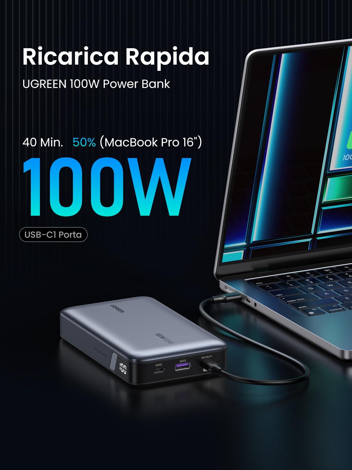 UGREEN Nexode 100W Power Bank 20000mAh, Caricatore Portatile con 3 Porte, Batteria Esterna con Display Compatibile con MacBook, iPhone 16/15 Plus Pro Max, Galaxy S24 S23 Ultra, Dell