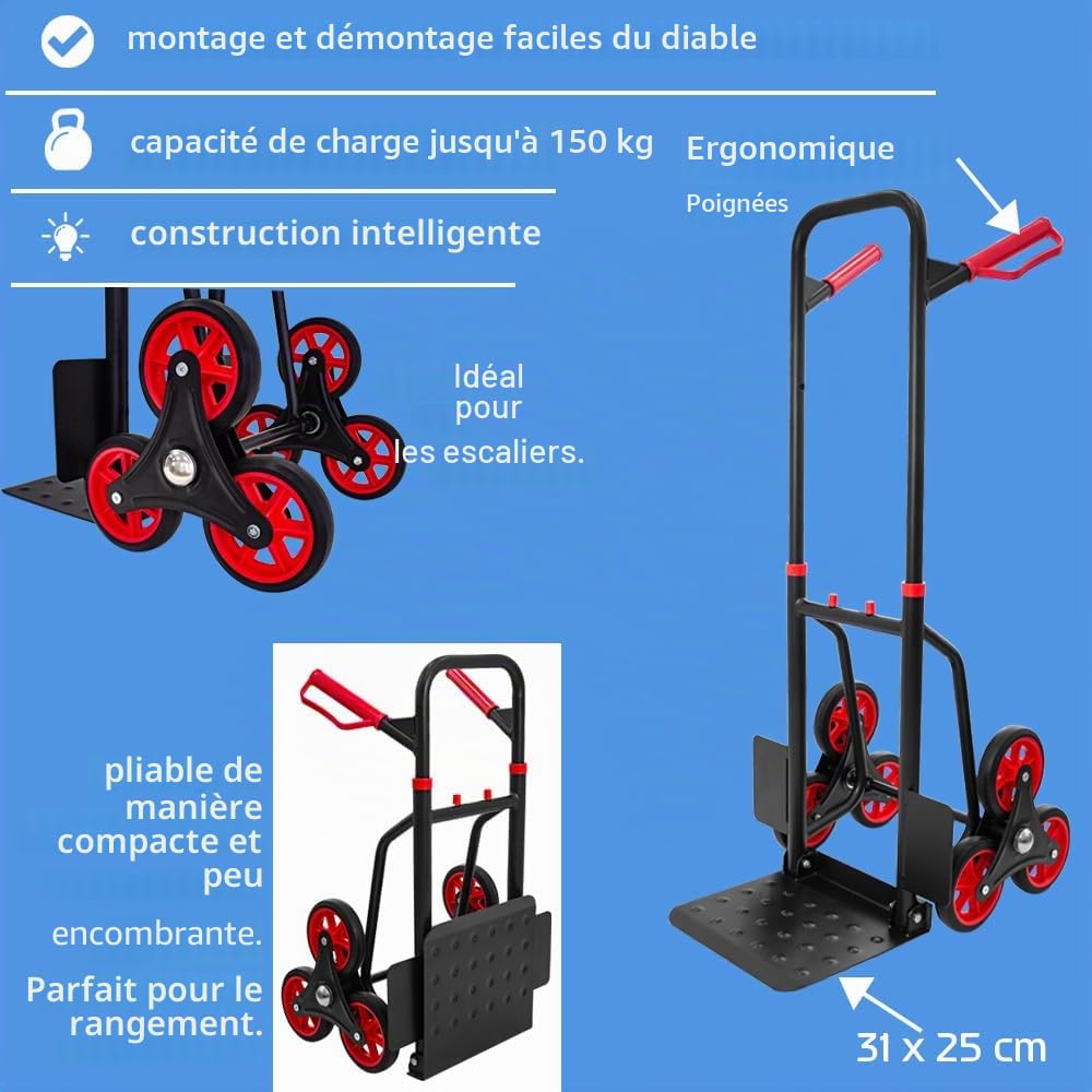 Trucky Diable d'escalier - 150 kg - Pliable - Noir - En acier