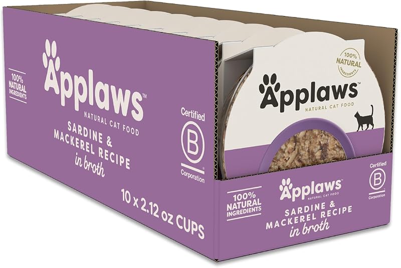 Ração úmida para gatos Applaws de sardinha e cavala em caldo, Pacote com 10 copos de 60 g