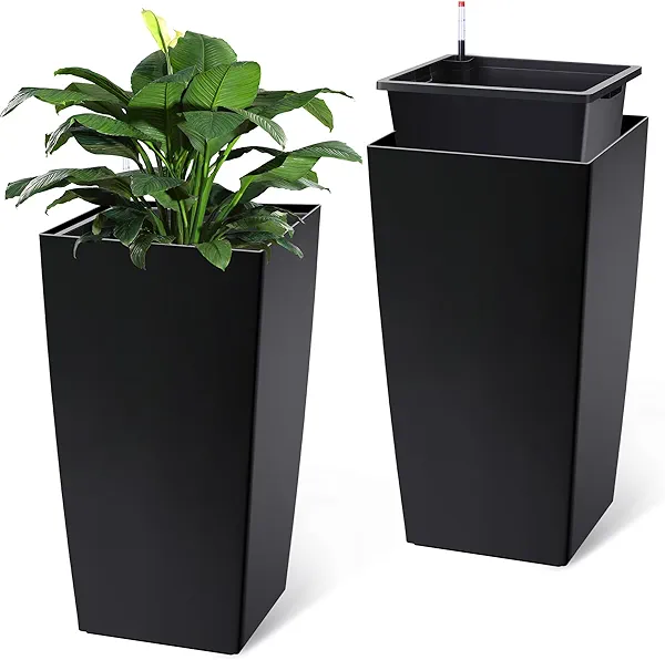 GarveeLife 30" Tall Planters Set of 2, Outdoor＆Indoor Black Planter Pots, High Front Porch Planter Pots with Drainage Holes＆Water Level Monitor Movable Wheels ＆Inner Bucket, Automatic Watering,Black