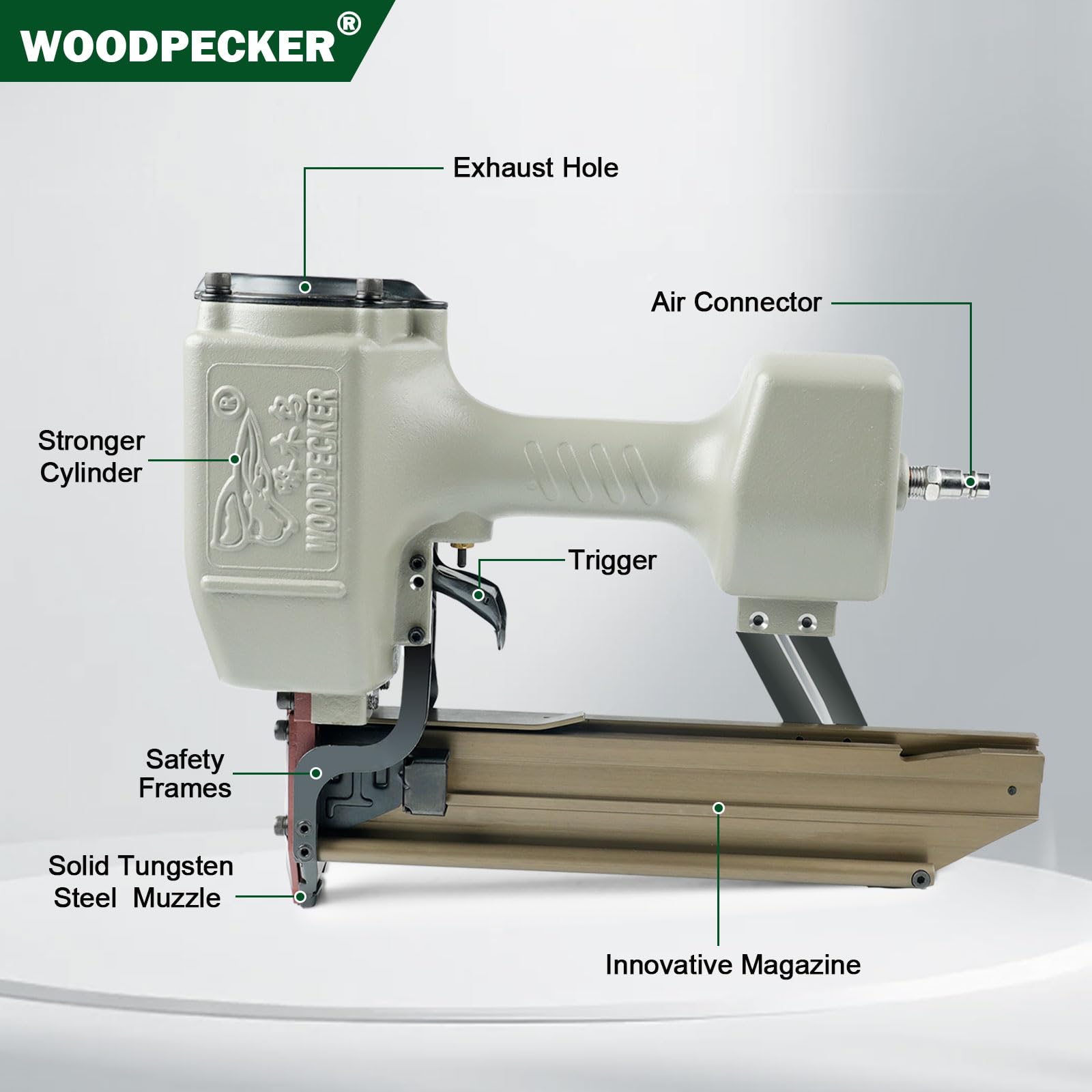 Woodpecker #N851 Grapadora neumática de alambre pesado, 716 pulgadas de calibre 16, arma de grapa de seguridad de corona media, 1 pulgada a 2 pulgadas de longitud Air Power N Wire Grapadora para