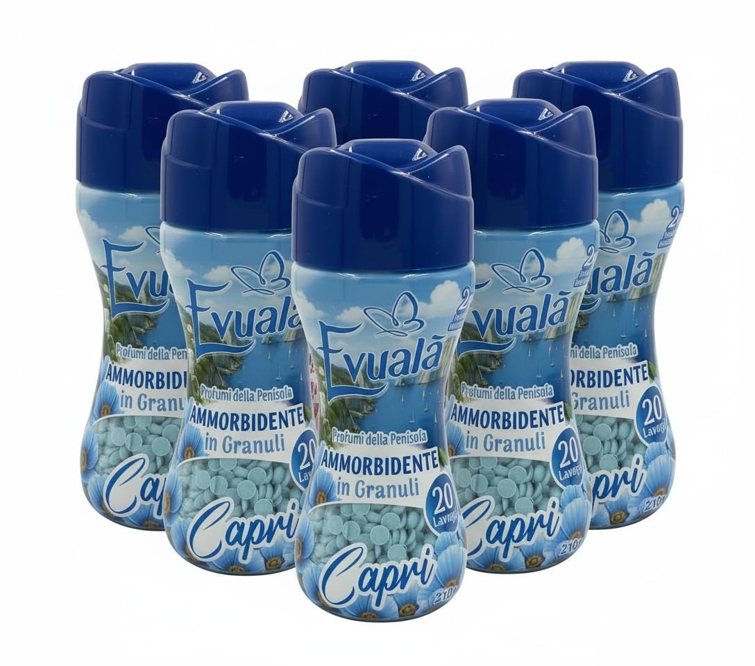 Evualà Ammorbidente in Granuli Profumo Capri, Perle Profumate per Lavatrice, 210g, 20 Lavaggi, 3 o 6 Confezioni (210gr x 6, Capri)