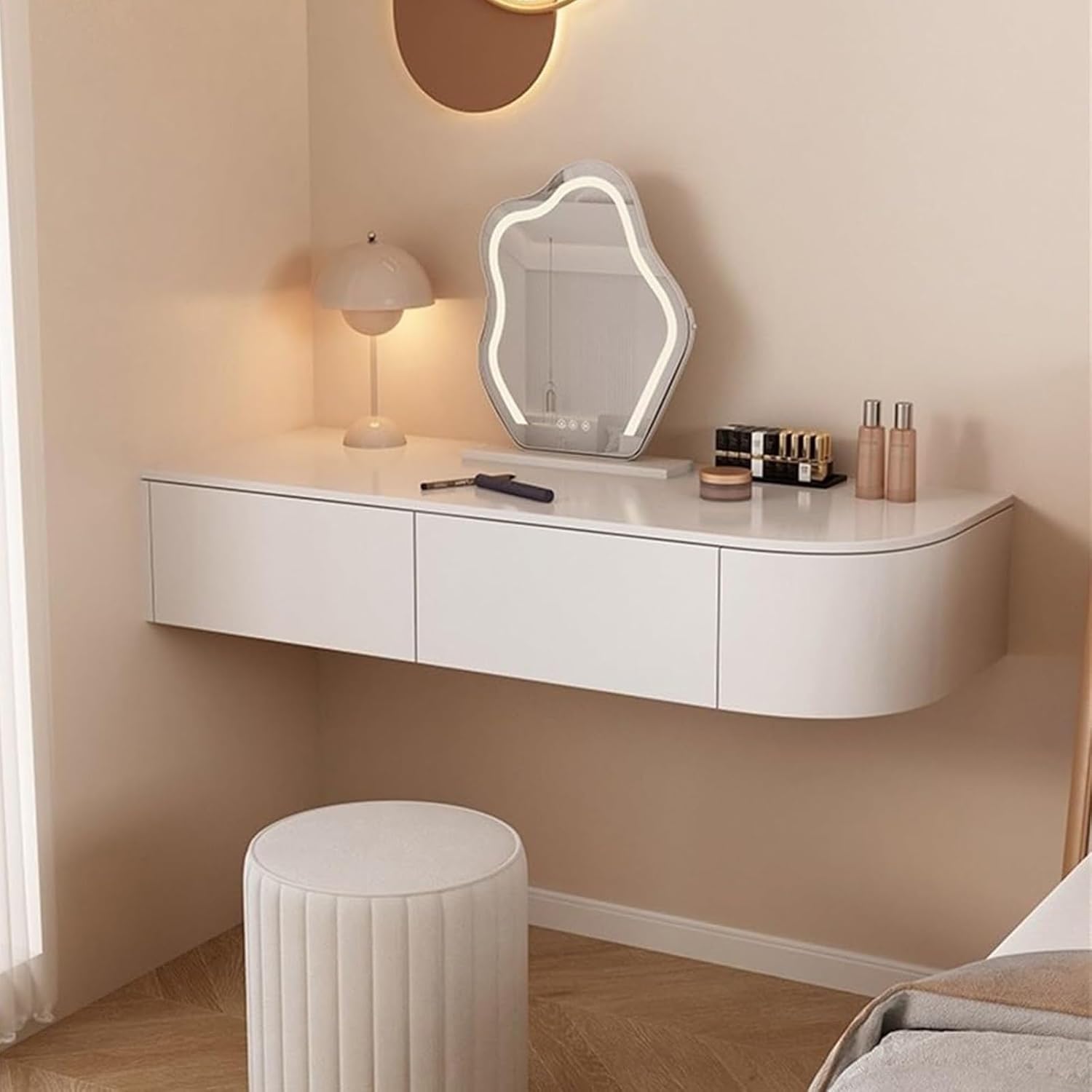 Floating Makeup Vanity for Wall, White Corner Floating Desk Dresser, Wall Mounted Floating Dressing Table with Storage, Small Wood Vanity Desk with Mirror and Lights, Bedside Vanity with Shelf Bedroom