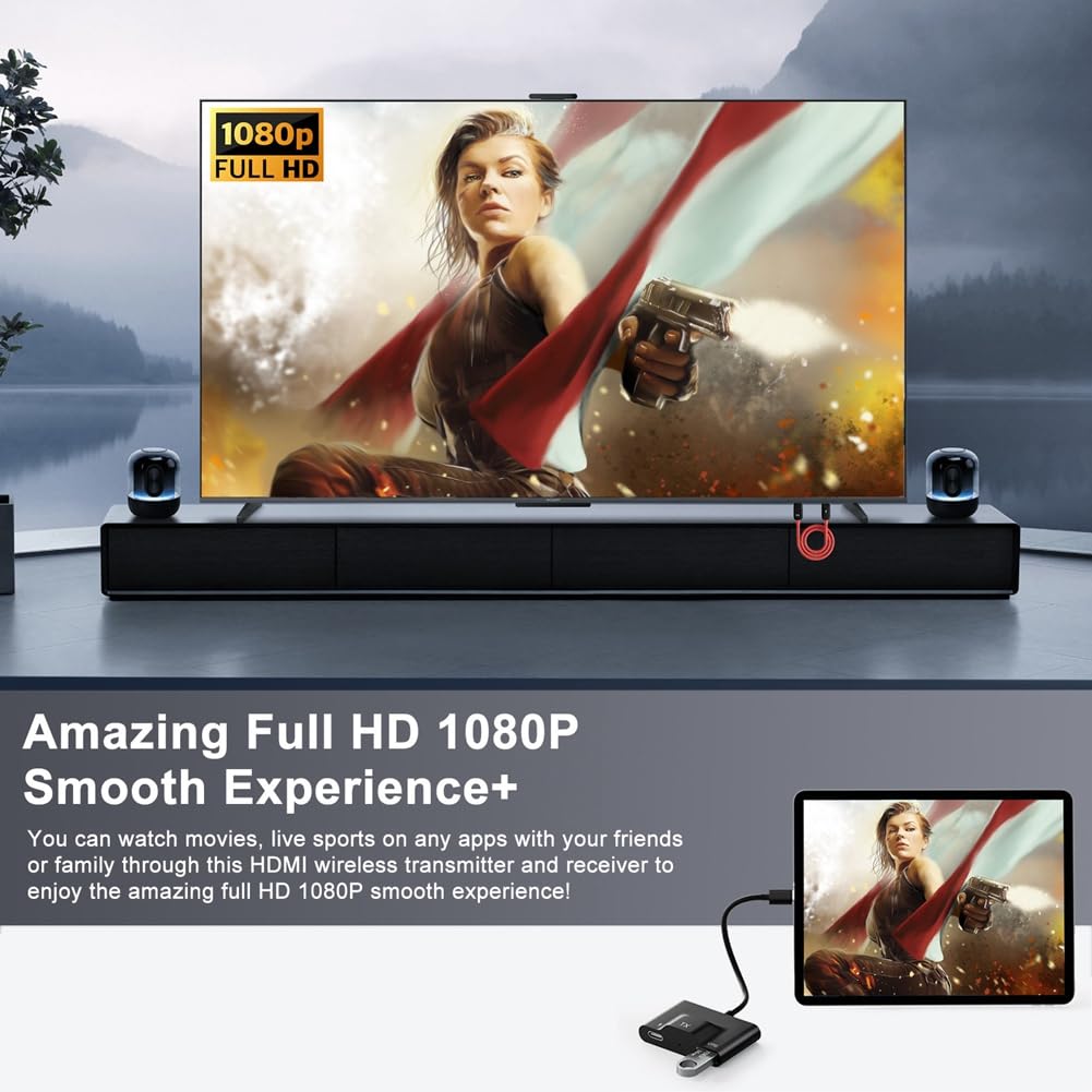 Bloepum Wireless -Compatible Transmitter and Receiver, Streaming Video/Audio to TV/Projector/Monitor for Smartphone Black