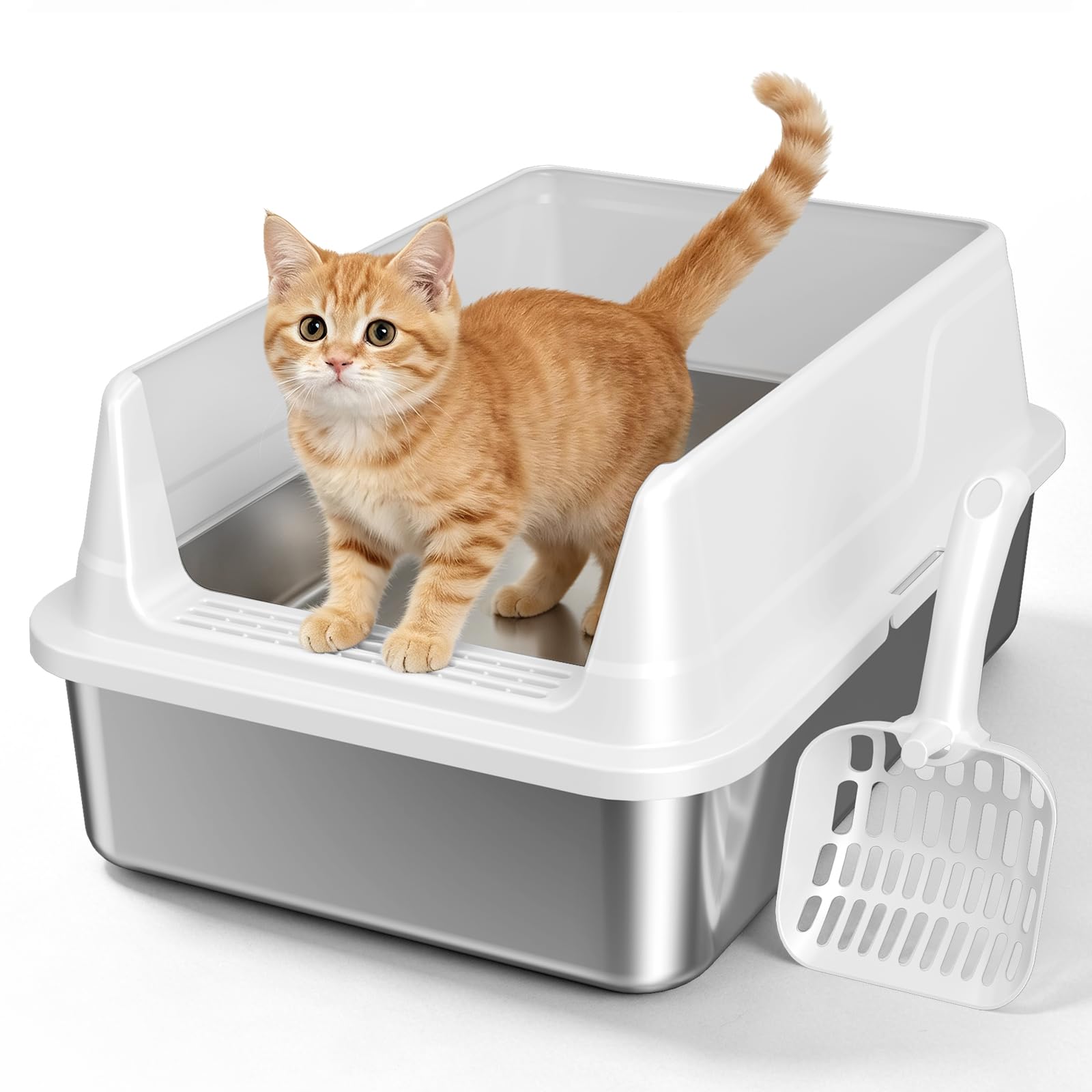 stainless steel cat litter box with scoop,m metal pan for kittens | metal litter box with high sides & lid, open top low entry , non-stick easy clean ?kitty cat box for indoor cats, high wall