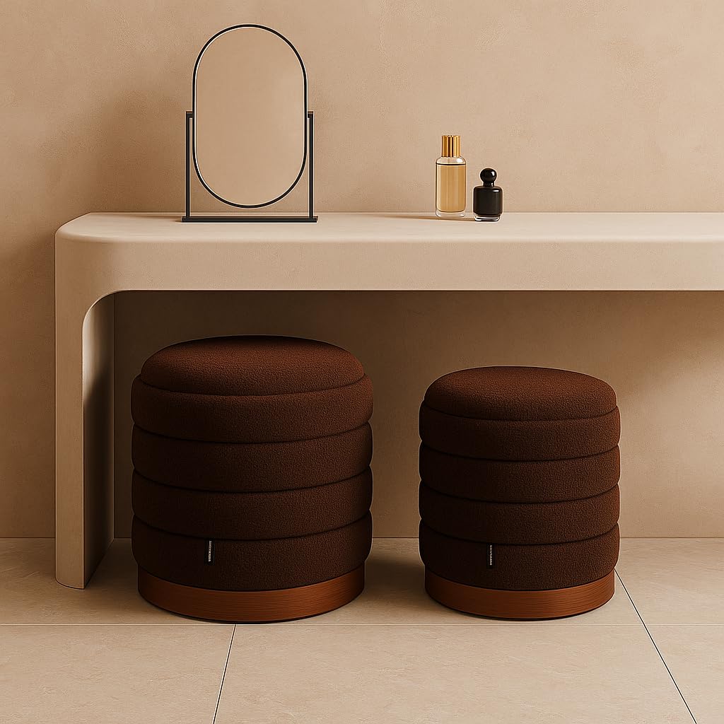Pack 2 Puff Almacenaje de Salon Borreguito - Taburete Tocador, Reposapies Salon, Puf Cama, Taburete Bajo Almacenaje, Otomana, Puf Asiento con Tapa, 46x42x42 cm + 37x34x34 cm