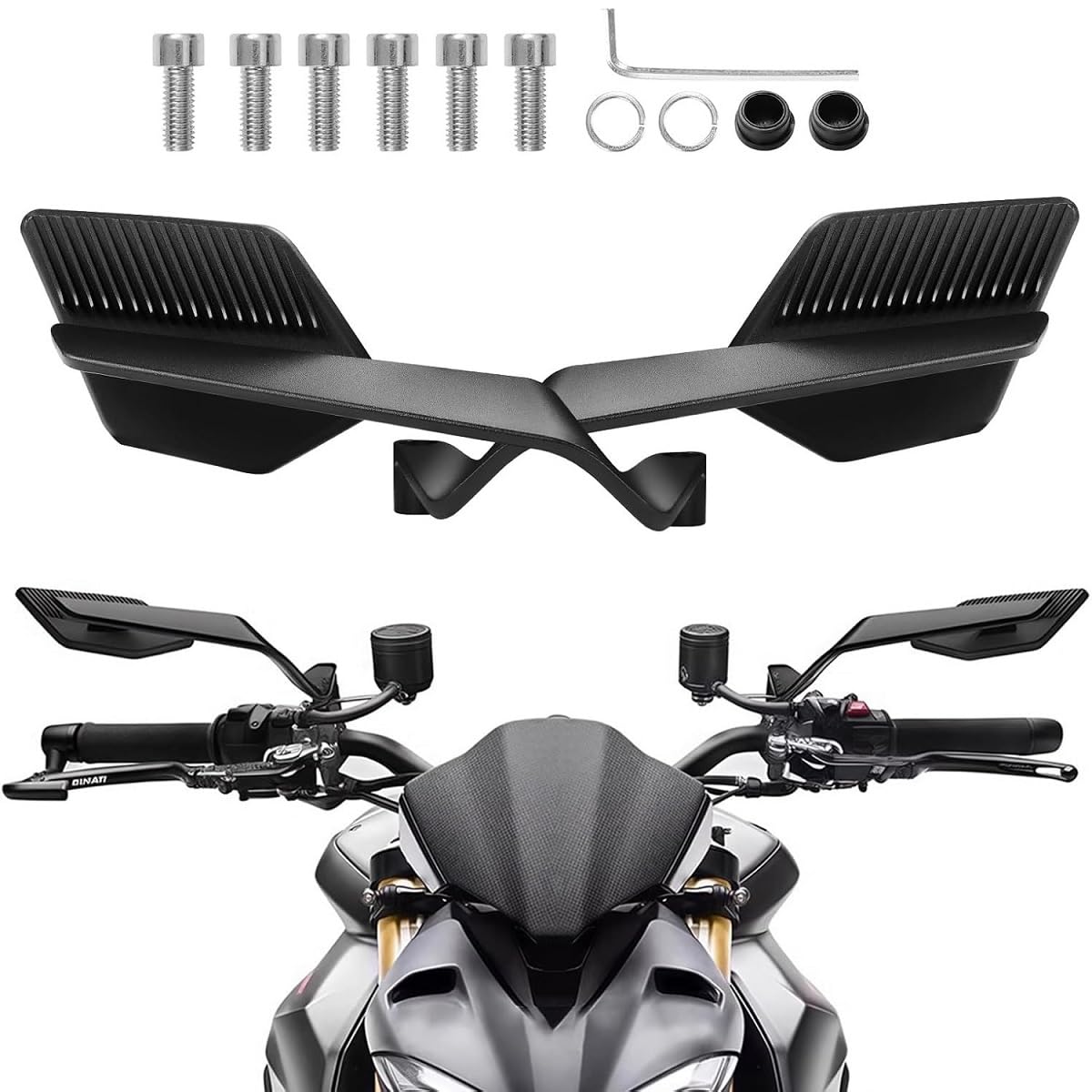 OTO2EYE Universal Motorcycle Wing Mirror With Fully Rearview – 180° Rotating Rear View Mirror with Matte Black Stealth Body – Sporty Wind Wing Design – York Fitting for All Bikes