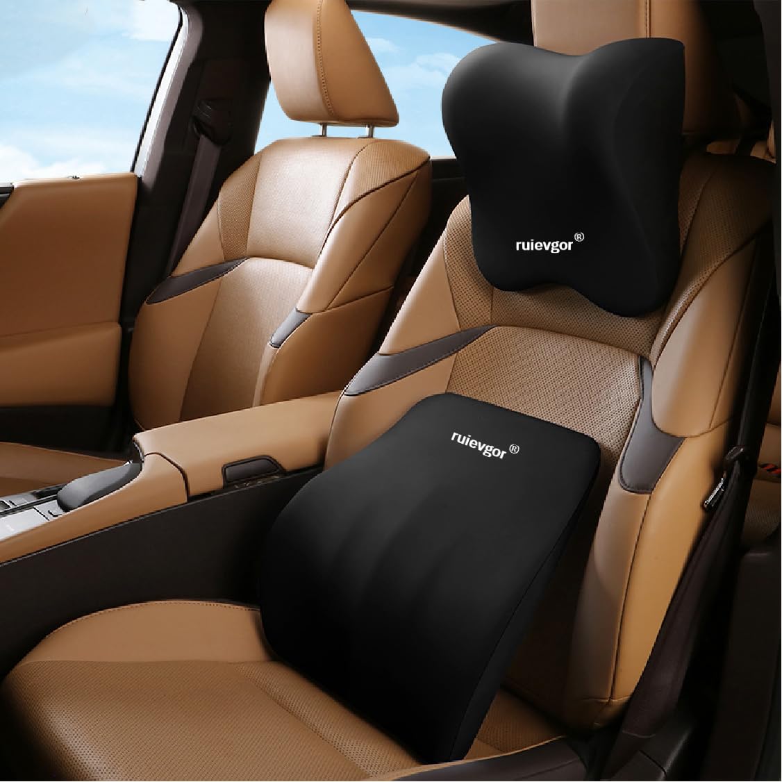 ruievgor Lumbar Support Pillow & Neck Pillow for Car - Ergonomic Headrest & Waist Cushion - Memory Foam Relieves Fatigue, Improves Posture & Comfort - Perfect for Office, Car & Home (Black)