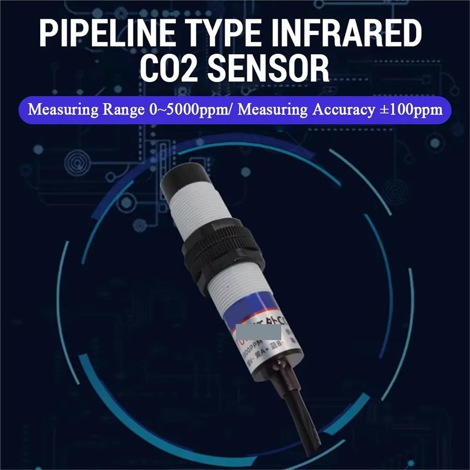 Pipeline Type Carbon Dioxide Sensor CO2 Transmitter Infrared Detector Waterproof Probe 400~5000ppm RS485 Output(4-20MA)