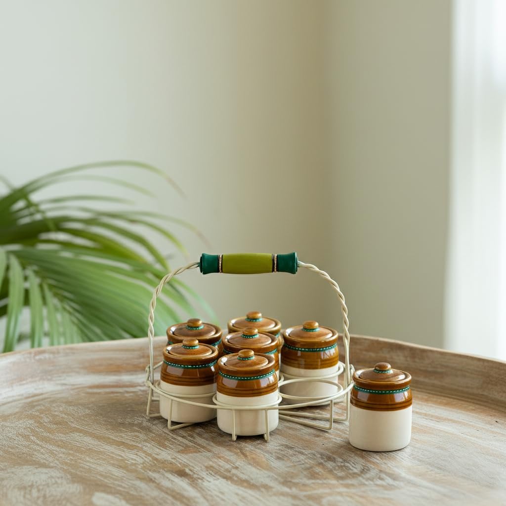 ExclusiveLane 'Old Martaban' Ceramic Pickle Jars for Dining Table with Holder (Non Air-Tight, Set Of 7, Each Jar : 120 gram) |Jar for Pickle Jar Achar Jar Set for Dining Table Chutney Achar Container