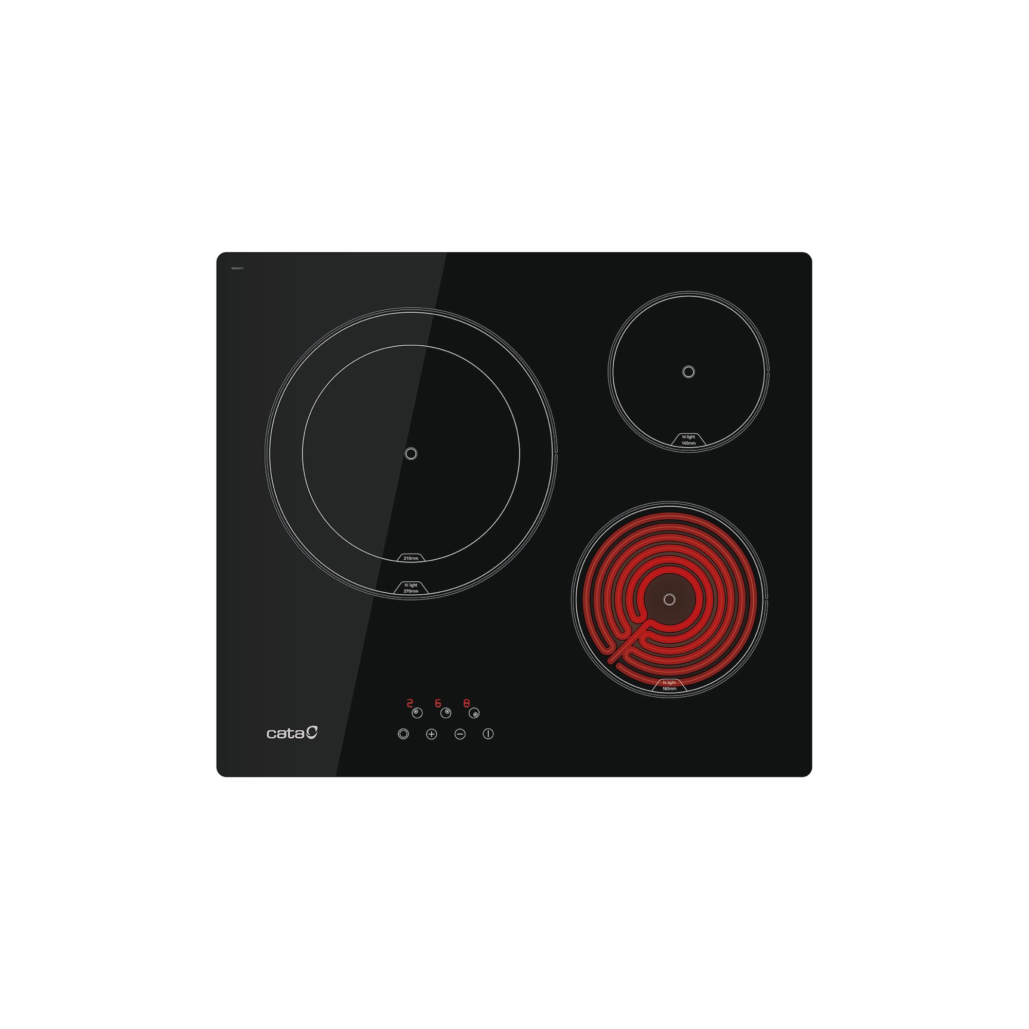 Cata Placa Vitrocerámica TD 6003 BK/A, 3 Zonas de Cocción, High Ligh,t Ancho de 59 cm, 9 Niveles de Potencia Regulables, Control Táctil con Avisador acústico, Potencia 5,4kW, Color Negro