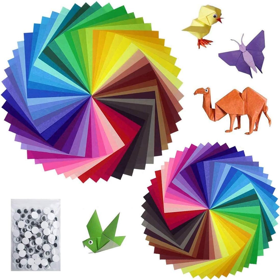 MAKINGTEC Paper Handcraft Paper for Kids, 200 Sheets Bright Coloured Paper in 50 Vivid Colors (100 Sheets 15x15cm + 100 Sheets 10x10cm) Decoration Handcrafts Paper, with 100pcs Wiggle Googly Eyes