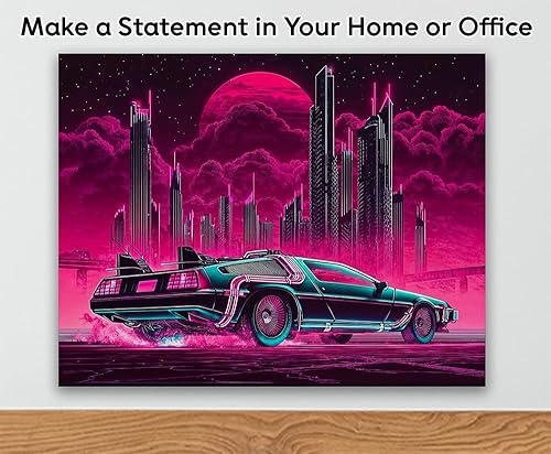 Miniatura 6 de Back to the Present - Cyberpunk DeLorean 18x24 Stretched Canvas, Retro-Futuristic Neon City Poster, Futuristic Time-Travel Car Art, Sci-Fi Wall Art,
