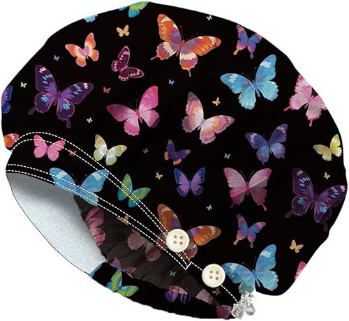 Miniatura 9 de Bouffant - Gorros de algodón para enfermera, con botón y banda para el sudor, gorras de trabajo quirúrgicas ajustables