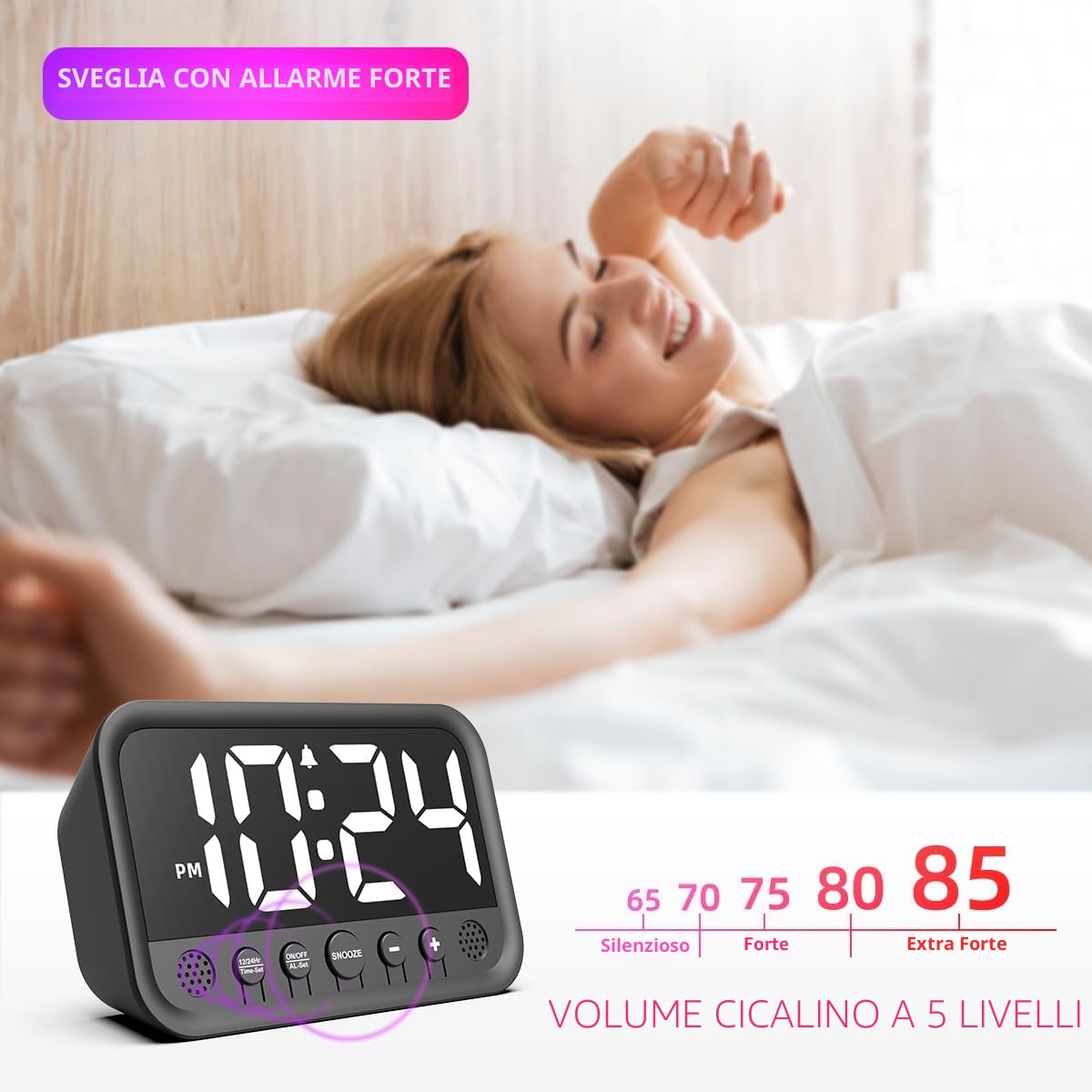 Sveglia digitale con numeri grandi, sveglia digitale con display LED, luminosità e volume regolabili, Snooze, 12/24HR