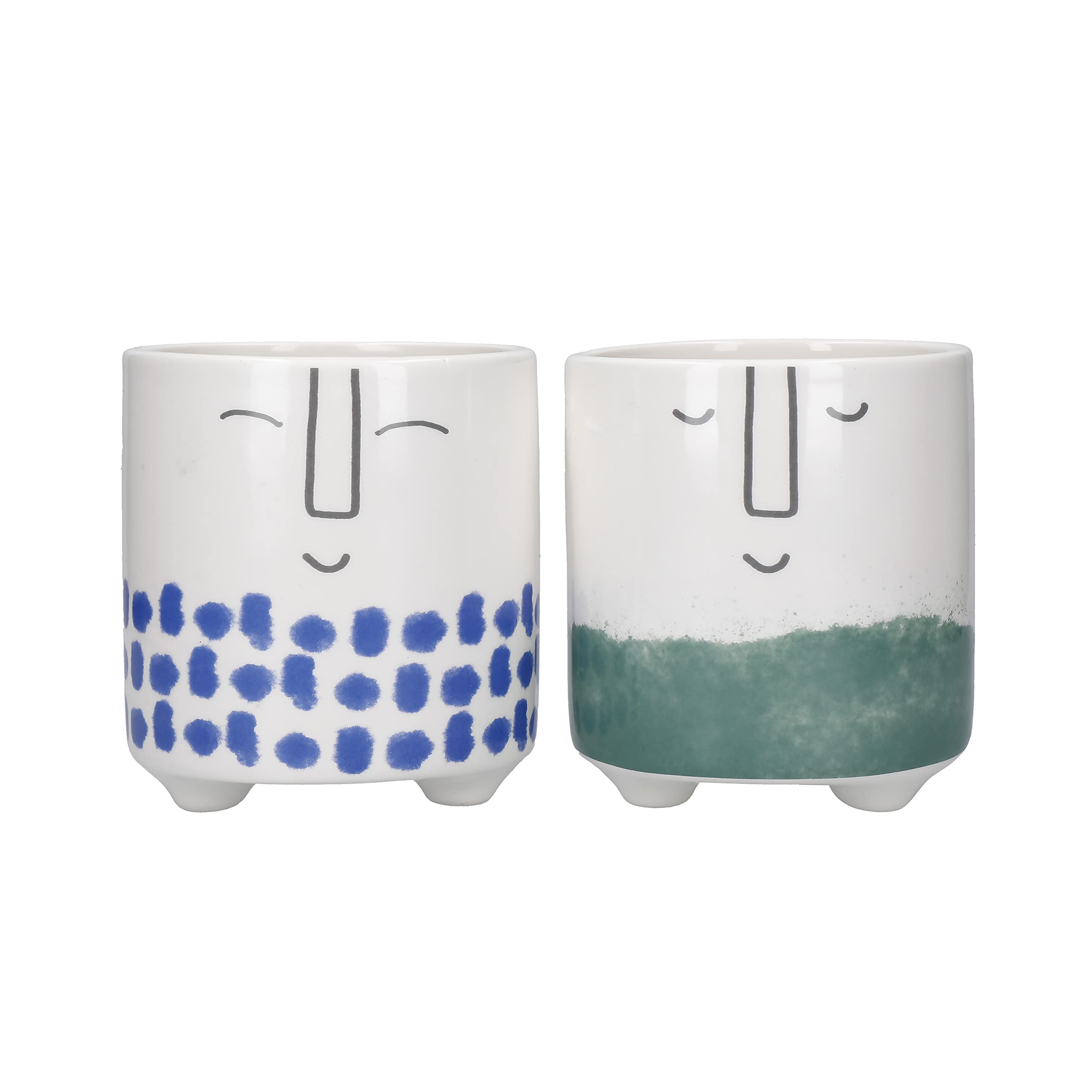 KitchenCraft Face Planters, Set of 2 Indoor Plant Pots for Herbs, Cactus, Succulents or Small House Plants, Dolomite, Blue and Green, 1 x 1 x 11cm