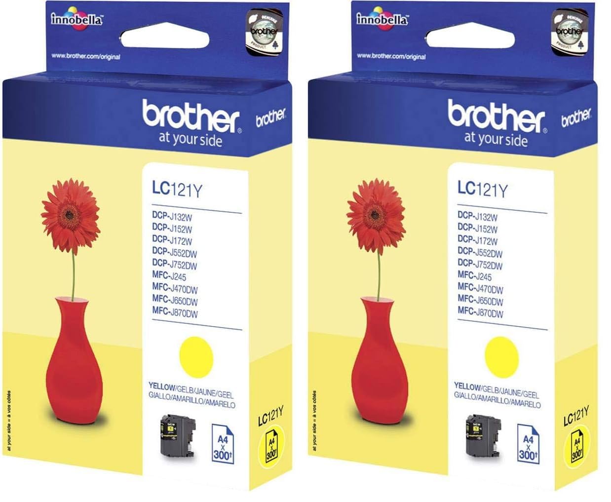 Brother Original LC121Y Tintenpatronen, Gelb, 300 Seiten, 2 Stück, für Brother DCP-J100, DCP-J105, DCP-J132W, DCP-J152W, DCP-J552DW, DCP-J752DW, MFC-J245, MFC-J470DW, MFC-J650DW, MFC-J870DW
