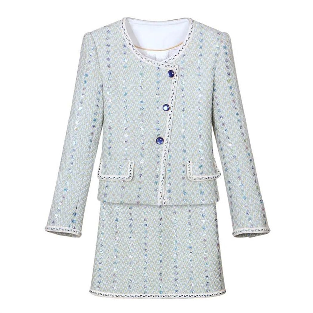 Women Tweed Skirt Suit Elegant Sequin Decor Two Piece Outfit Fashion