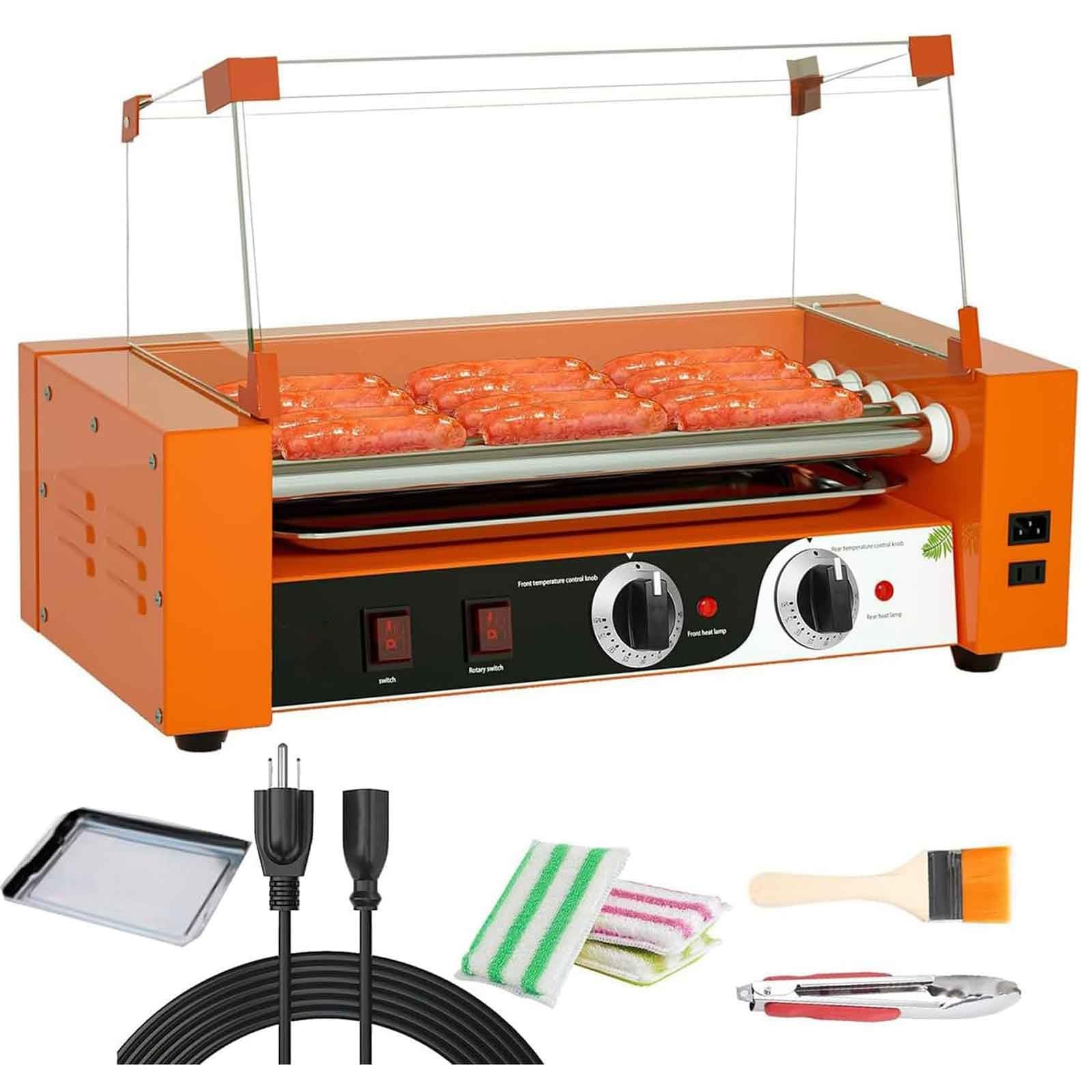 Hot Dog Roller Grill 5/7 anti-adhésif pour saucisses 1000 W avec plateau d'égouttement amovible et couvercle, double contrôle de la température de 0 à 250 °C, parfait pour les saucisses du petit
