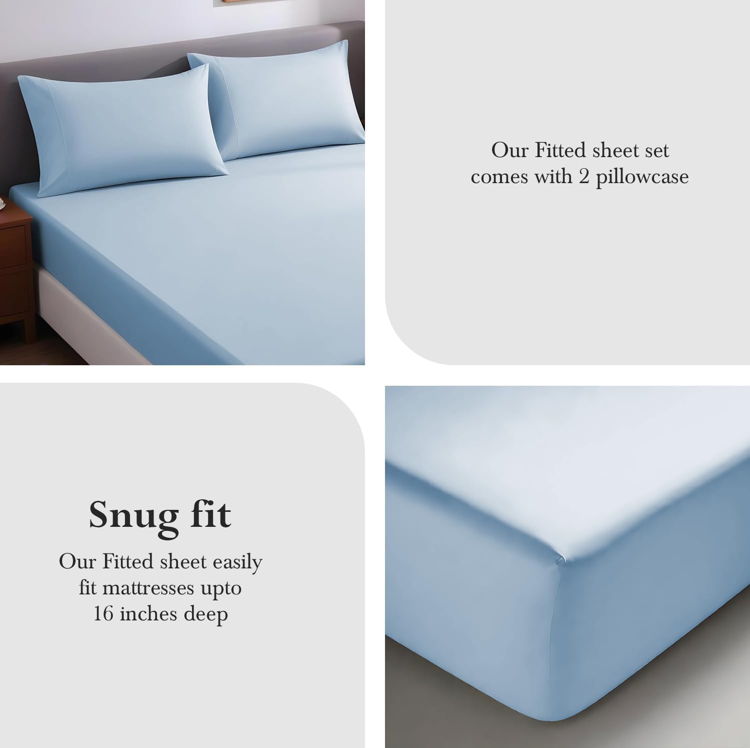 Linenwalas 100% Supima Cotton Fitted Sheet for King Size Bed, 1200 Thread Count Luxury Bed Sheets Better Then Egyption Cotton, 16" Deep Pocket Bottom Sheet, 1 Fitted Sheet, 2 Pillowcases - Baby Blue