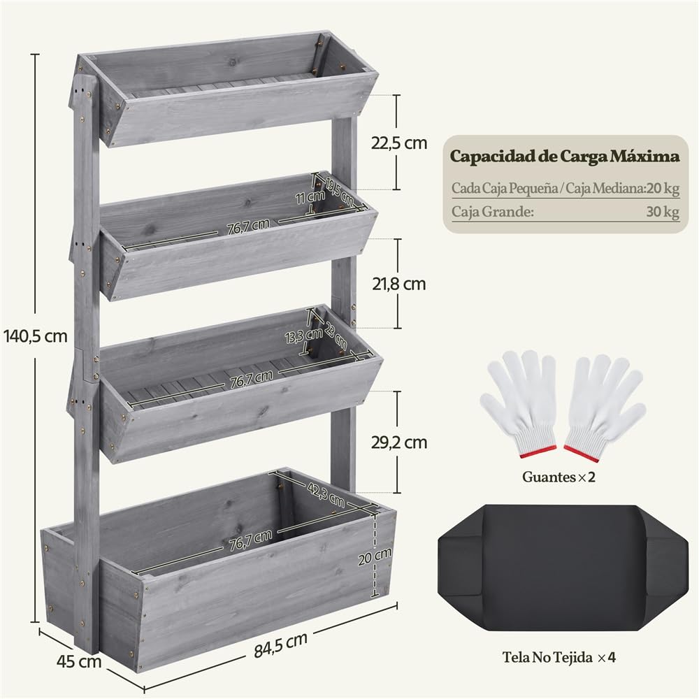 Yaheetech Vertikal Hochbeet mit 4 Etagen, 84,5×45×140,5 cm Pflanzbeet mit Entwässerungslöcher & Pflanzvlies, Tannenholz Wetterfest, Frühbeet Gartenbeet Kräutertreppe für Garten Balkon, Grau