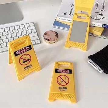 2pcs Funny Warning Sign Compact Makeup Mirrors with Plastic Desktop Stand, Portable Travel Handheld Mirrors and Prank Use