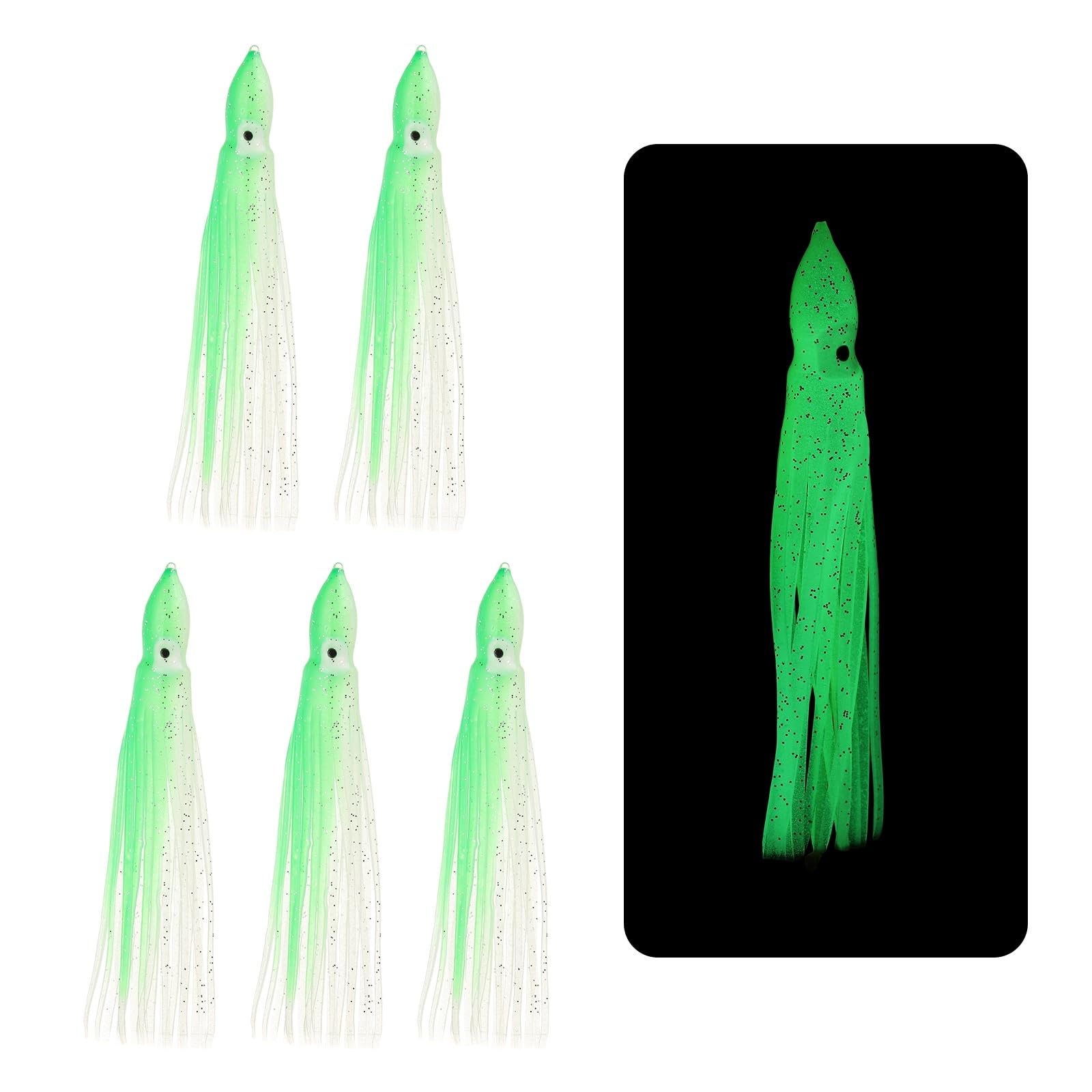 YELARXI Fishing Squid Skirts Glow Soft Plastic Trolling Lures, 12cm/5 Inch Luminous Fit for Bass Trout Salmon Saltwater Fishing Bait (5Pcs, Clear Green)