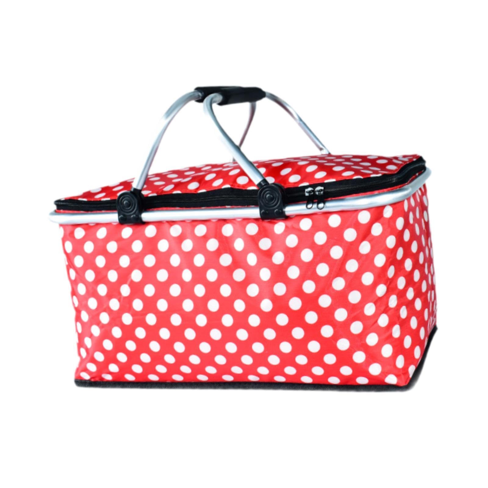 Bolsa Isotérmica Tipo Cesta de Picnic con Forro Impermeable, Térmica Plegable para Viajes, Senderismo Y Acampada, Punto Rojo