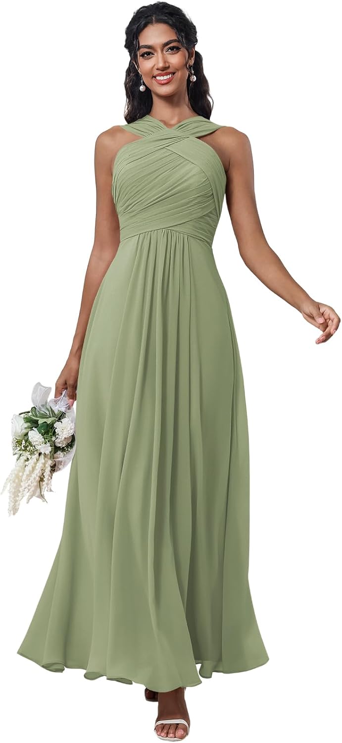 Bridesmaid Dresses Halter Ruched Chiffon Winter Empire Waist Wedding Guest Dress A line Midi Formal Evening Gowns
