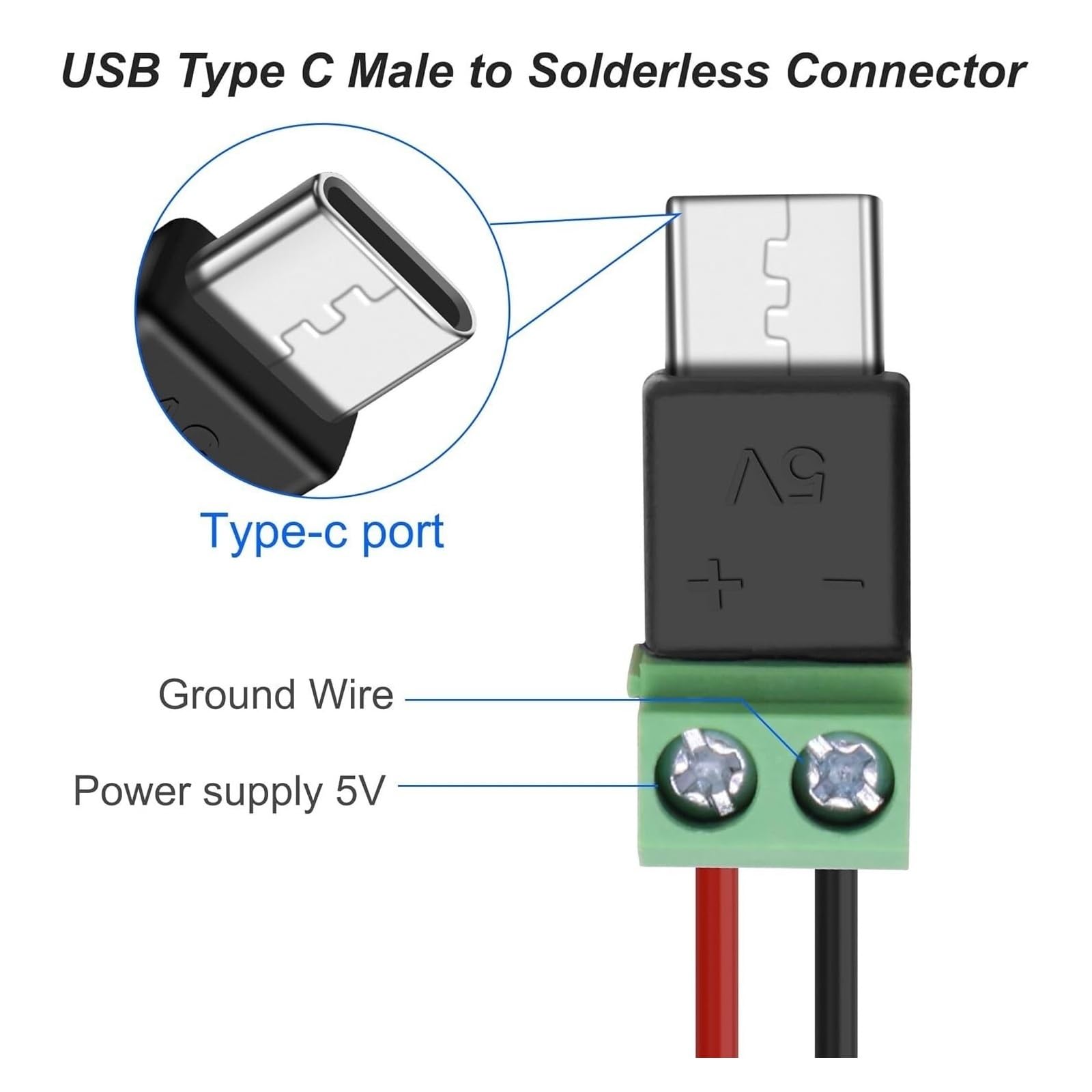 USB C/Micro to 2 Pin Screw Terminal 5V Solderless Adapter for DIY Charging Cable Repair (4PCS, Micro-Male Charging)