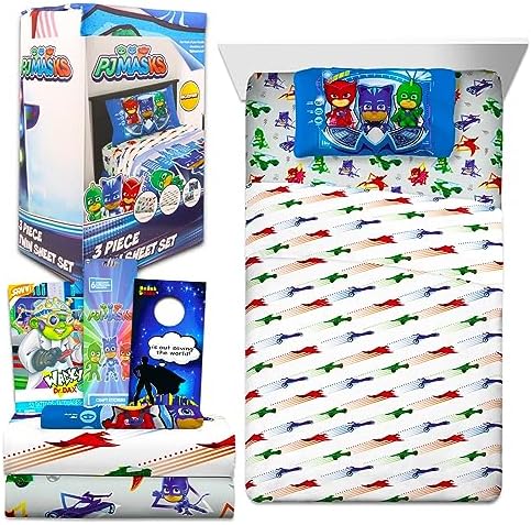 PJ Masks Bedding Set Toddler Bed – Bundle with PJ Masks Bed Sheets with Flat Sheet, Fitted Sheet, and Pillowcase for Twin Bed Plus Stickers, More | PJ Masks Sheets Twin