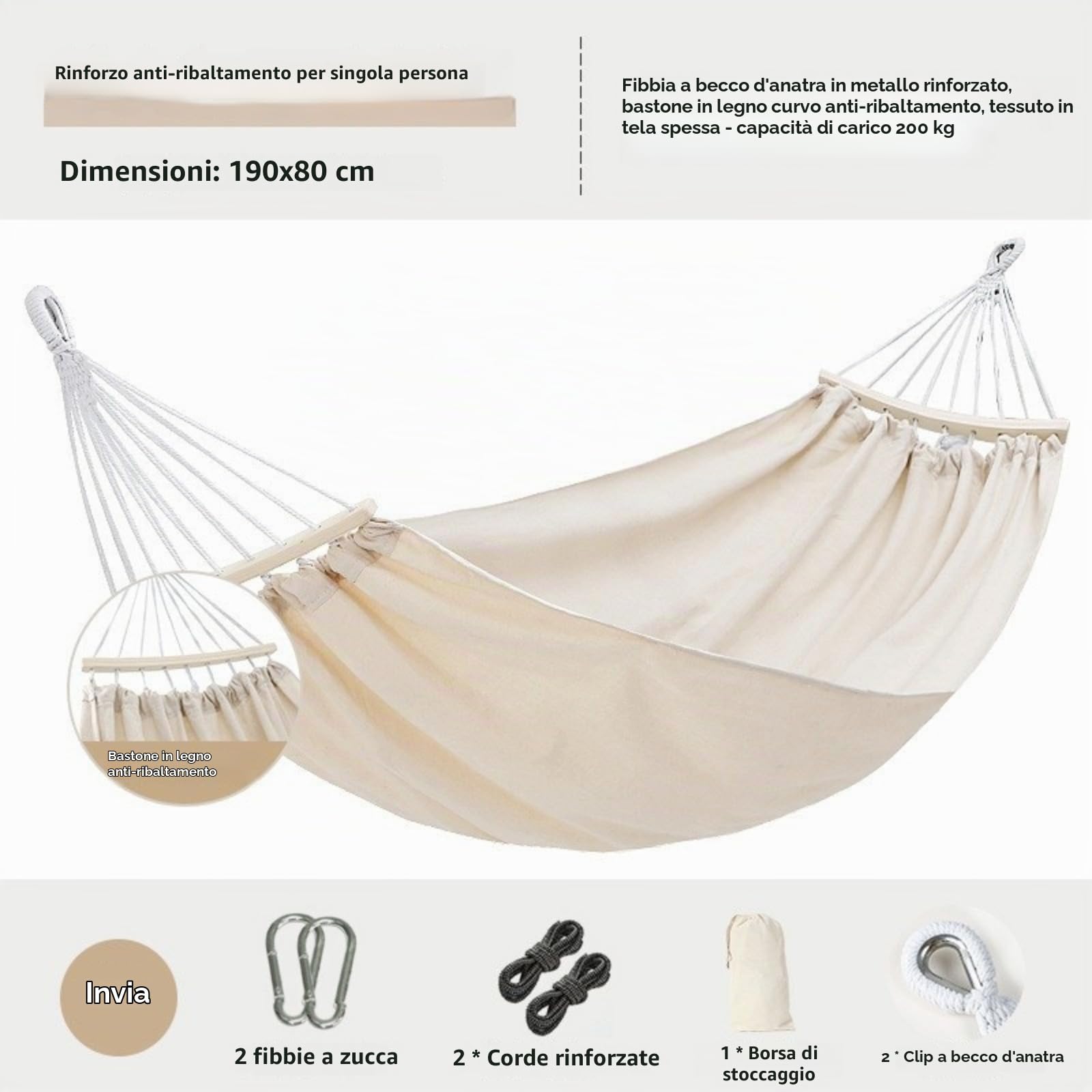 Amaca singola in tela antiribaltamento, amaca portatile da campeggio per esterni, amaca per relax da patio/balcone, portata massima 200 kg, disponibile in diversi colori.