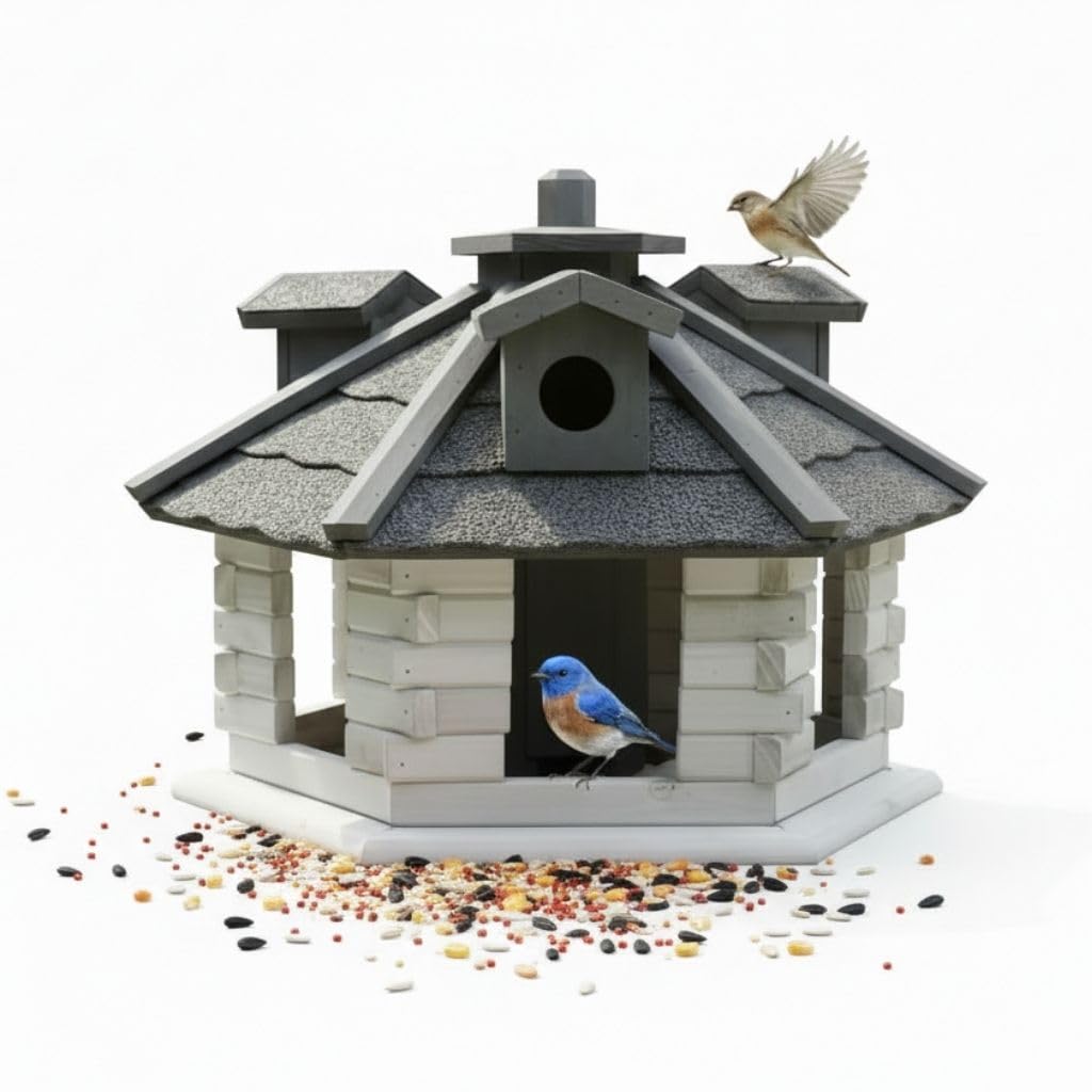 Mucola Vogelfutterhaus Vogelhaus 6-eckig mit Futtersilo 48 cm Weiß Grau | Wetterfest für ganzjährige Fütterung, Montage an Baum, Pfosten oder Wand, für Meisen, Finken und Spatzen, leicht zu reinigen