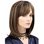 TISHINING Short Ombre Brown Mix Blonde Bob Wig with Bangs Shoulder Length Brown highlight Wigs for White Women with Dark Roots Layered Straight Bob Synthetic Natural Looking Daily Party Wig(14 inch)
