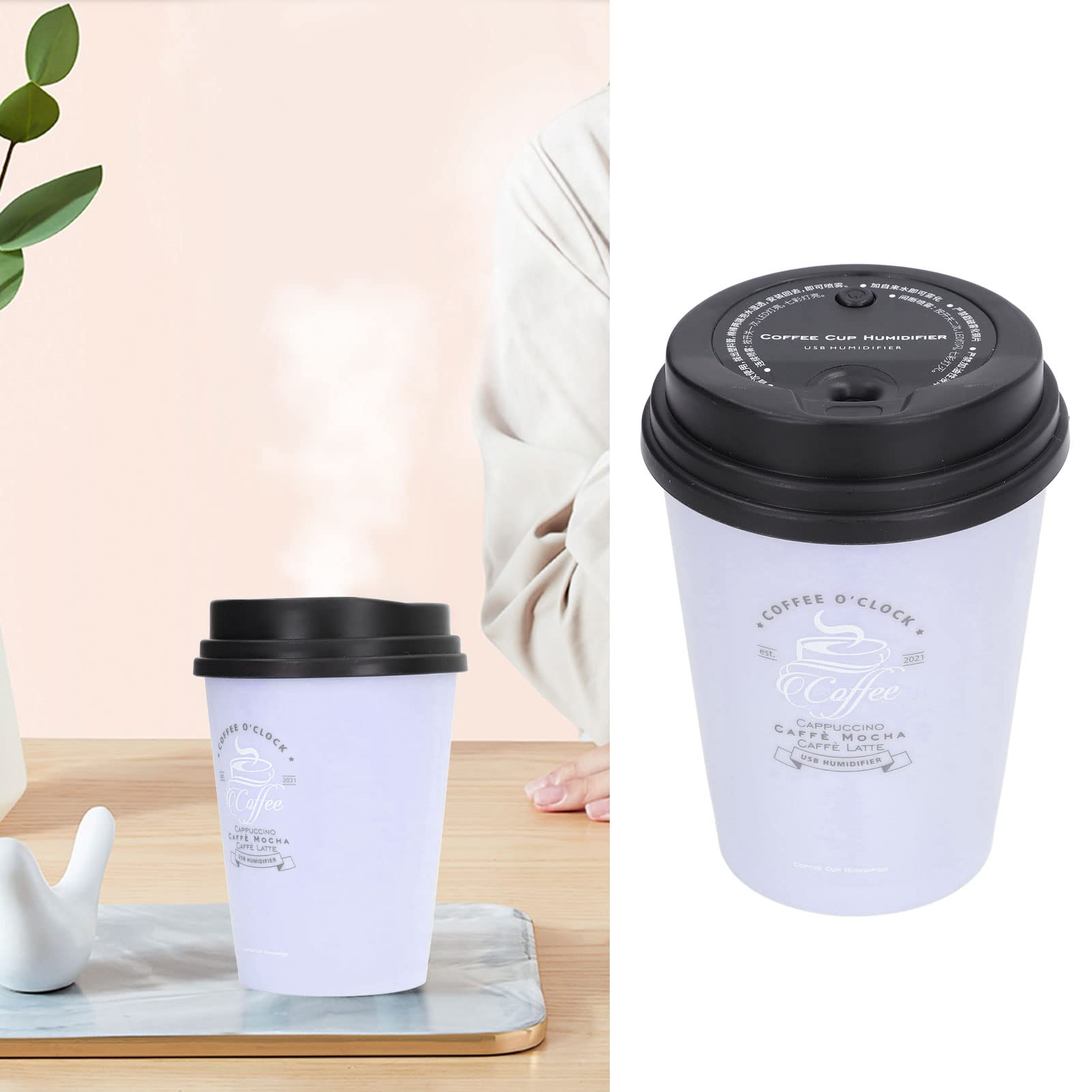 Mini humidificador portátil de 10.1 fl oz, taza de café USB, humidificador de escritorio de bajo ruido, humidificador ligero de ahorro de espacio para automóvil, dormitorio, oficina, viajes, hogar 8